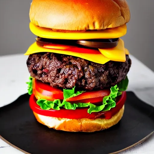 Prompt: colossal tall burger, stacked, award winning food photography, golden hour, holy