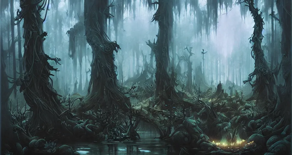 Image similar to A dense and dark enchanted forest with a swamp, by Peter Mohrbacher