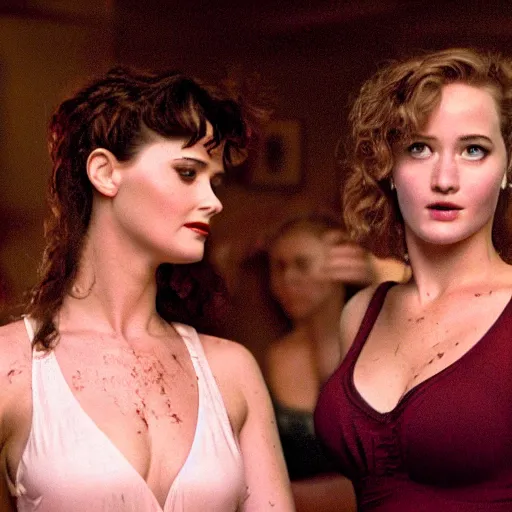 Prompt: eva green dancing close with jennifer lawrence in dirty dancing, movie artwork 4 k