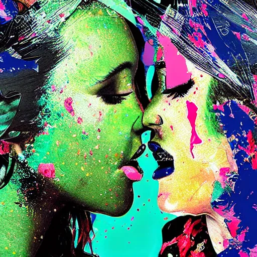 Image similar to double exposure of two women kissing ( closeup ) and a bizarre painting, lomography. this photograph is subsequently printed out and splattered with paint. mixed media collage art with magazines and found art