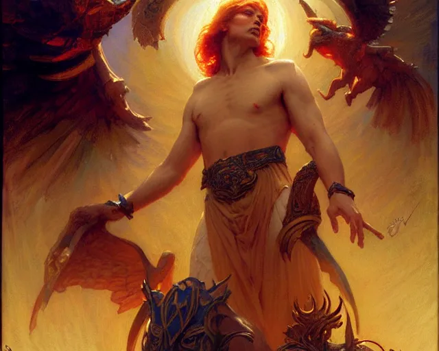 Image similar to attractive pagan male deity, summoning handsome lucifer morning star. highly detailed painting by gaston bussiere, craig mullins, j. c. leyendecker 8 k