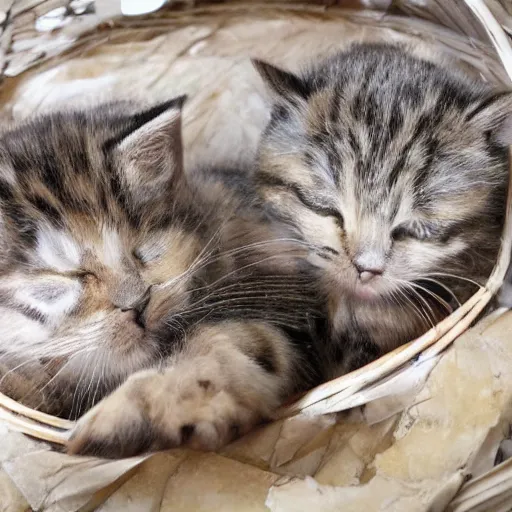 Image similar to two kittens sleeping in a basket, happy, cute