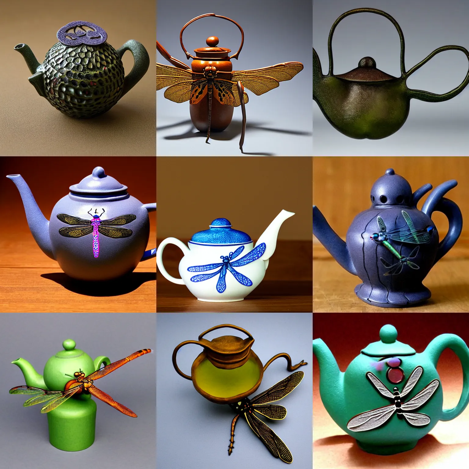 Prompt: Dragonfly-shaped, dragonfly-like, a bespoke dragonfly-formed teapot in the shape of a dragonfly, that looks like a dragonfly, that has the form of a dragonfly, dragonfly-shaped