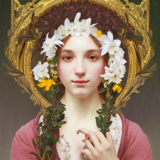 Prompt: portrait of flower goddess, full body, cute detailed face, bay leafes, tendrils, intricate, elegant, highly detailed, digital painting, artstation, concept art, smooth, sharp focus, illustration, art by artgerm and greg rutkowski and alphonse mucha and william - adolphe bouguereau and stephanie law