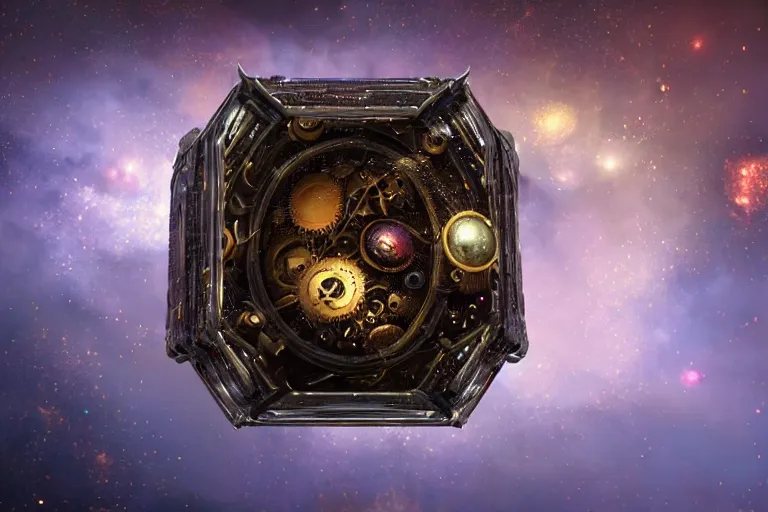 Image similar to A very highly detailed steampunk galaxy inside a resin cube on the table of a very highly detailed smooth futuristic lab digital concept art by Greg Rutkowski, neofuturistic highly detailed, digital concept art, Dimensional cyan gold natural light, sharp focus, realistic concept art by Stephen Hickman and James Gurney and Hiromasa Ogura rendered in Octane Render, From the distance