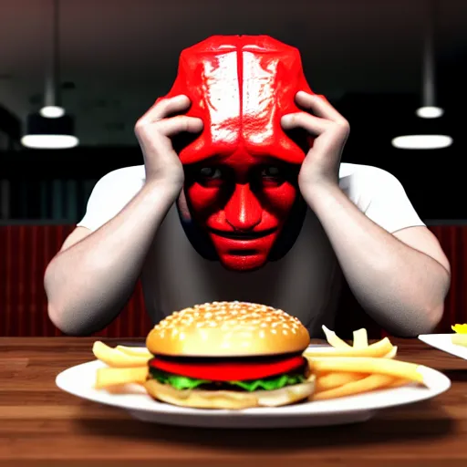 Prompt: photograph of a man with a steak head begging for food at mc donalds, 8k resolution, high detail, ULTRA REALISTIC VFX, reflections