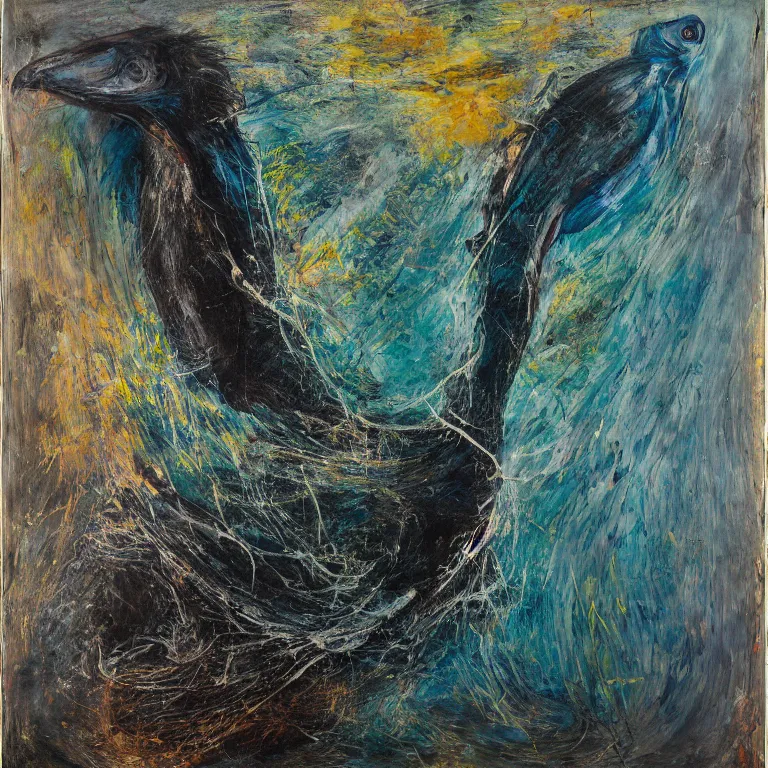 Prompt: Hyperrealistic Studio wet collodion Photograph portrait of a deep sea pelican Eel deep underwater in darkness, award-winning nature deep sea expressionistic impasto oil painting by Cy Twombly and Tim Hawkinson vivid colors hyperrealism 8k