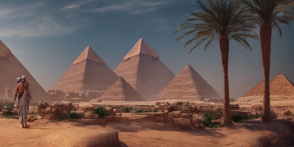 Image similar to beautiful egypt landscape, environment, film, dramatic, cinematic, highly detailed, mid day, large scale, hyperrealistic, realistic lighting, octane render, by wlop, artgerm, trending on artstation hd, 8 k, clear, sharp