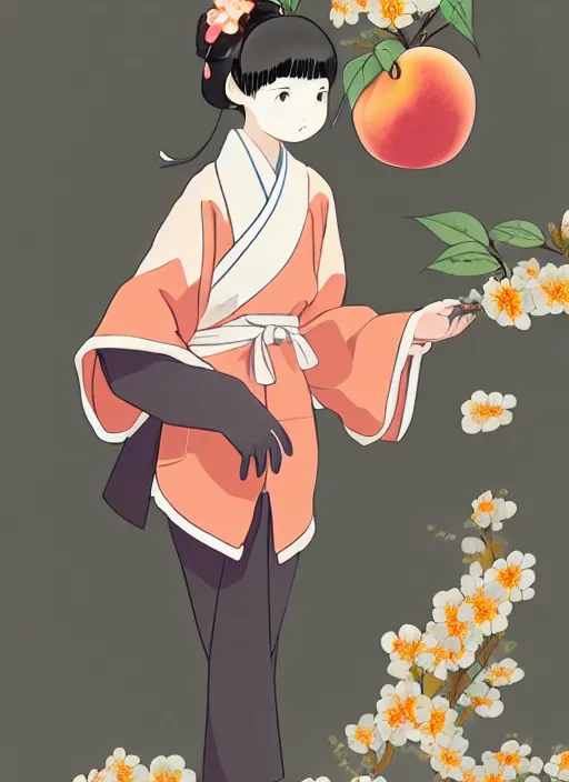 Prompt: a girl wearing a kimono gives a peach to a large anthropomorphic asian black bear, featured in artstation, artgerm, award winning, cinematic, elegant, intricate, 8 k, in the style of hayao miyazaki and masashi ando and timothy kong and laia lopez and viorie,