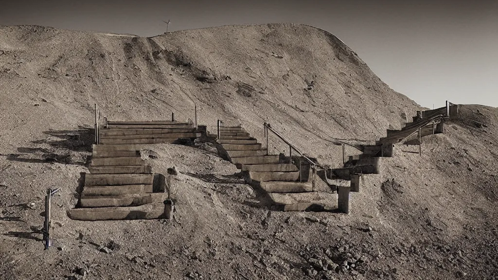 Prompt: concrete stairs going nowhere in the middle of a desert, surrealism photography by Sarolta Bán