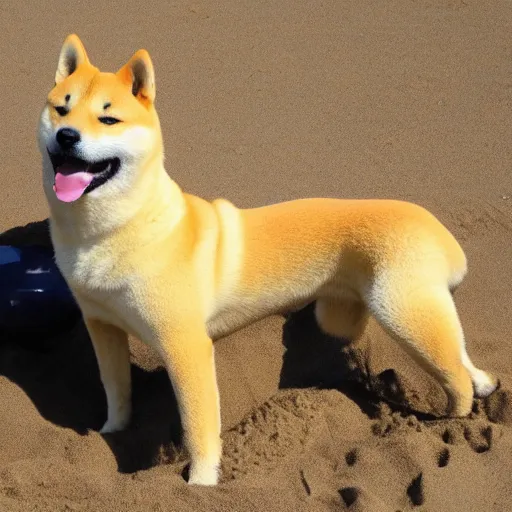 Prompt: shiba inu dog ( doge ) made of sand