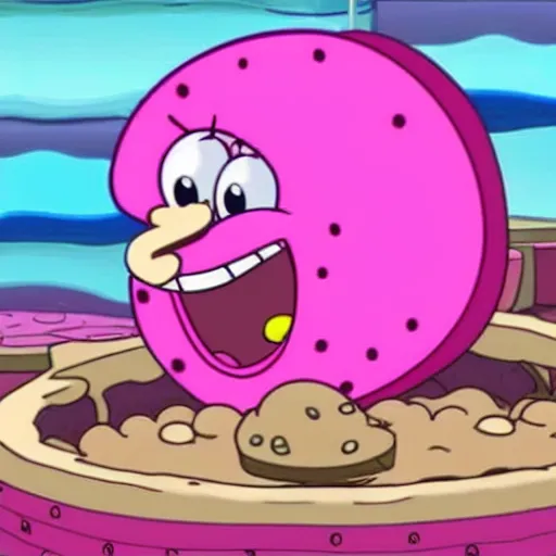 Image similar to pink jellyfish from the cartoon SpongeBob Squarepants hits SpongeBob with a metal sieve