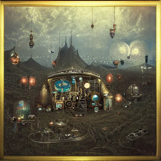 Prompt: landscape filled with steampunk vintage computers in a tent, filigree ornaments, exterior, beksinski