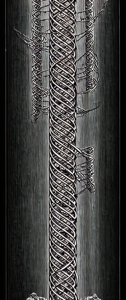 Image similar to a double helix dna cyberpunk carved pillar, high details, lineart, by vincent di fate, inking, screen print, masterpiece, trending on artstation, sharp, high contrast, hyper - detailed,, hd, 4 k, 8 k