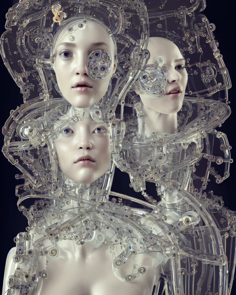 Prompt: beautiful cybernetic baroque robot, beautiful baroque porcelain face + body is clear plastic, inside organic robotic tubes and parts, symmetric, front facing, wearing translucent baroque rain - jacket + symmetrical composition + intricate details, hyperrealism, wet, reflections + by alfonse mucha and moebius, no blur dof bokeh