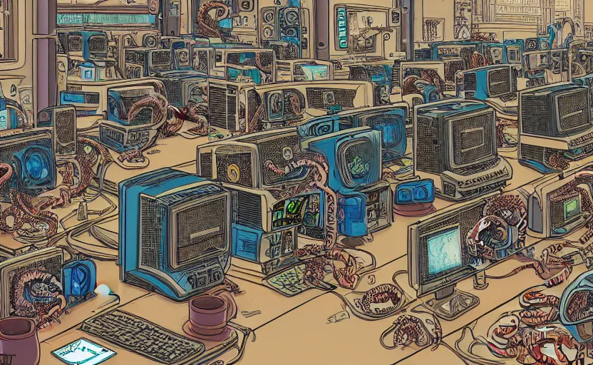Prompt: hyper-detailed, intricate, illustration of a computer lab being overrun by tentacles, cyberpunk, high saturation, in the style of Geof Darrow