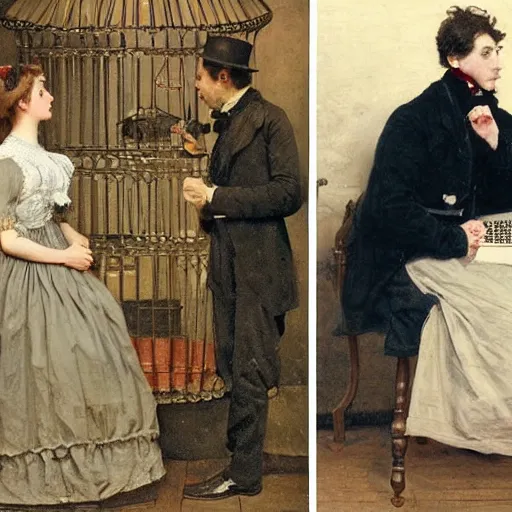 Image similar to young victorian woman solving an escape room riddle, while young victorian man is trapped in a cage, painted by alfred stevens