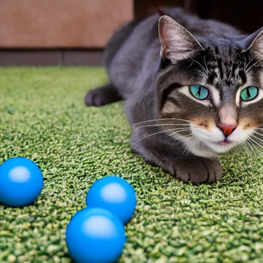 Image similar to a cat playing with a blue ball, XF IQ4, 150MP, 50mm, f/1.4, ISO 200, 1/160s, natural light, Adobe Photoshop, Adobe Lightroom, DxO Photolab, Corel PaintShop Pro, rule of thirds, symmetrical balance, depth layering, polarizing filter, Sense of Depth, AI enhanced