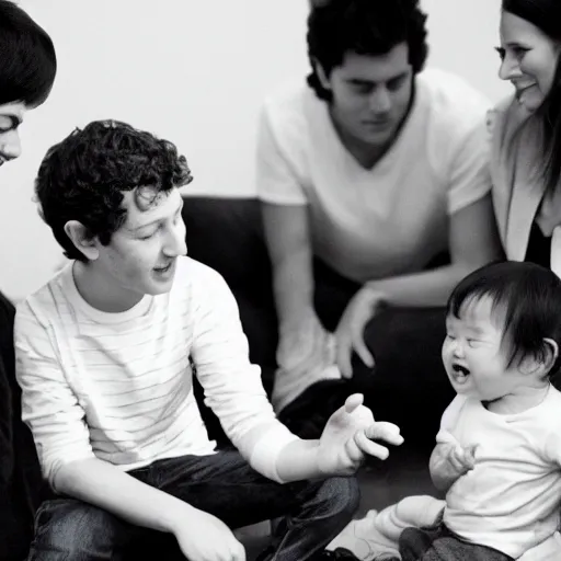 Image similar to baby mark zuckerberg and john mayer playing nintendo with their parents and their best friends look on. 3 k, depth of field, bokeh