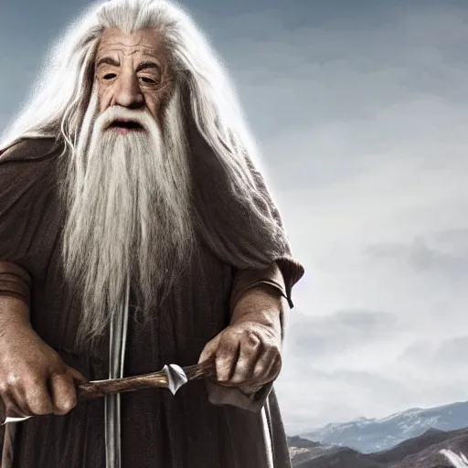 Image similar to movie still of danny devito starring as gandalf the white in the 2 0 2 4 lord of the rings movie, full body, hyper realistic, high quality, wide angle