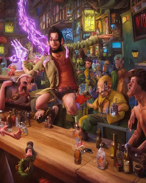 Prompt: an epic fantasy comic book style portrait painting of a man playing on his computer, outside a crowded bar, his friends are angry with him, character design by mark ryden and pixar and hayao miyazaki, unreal 5, daz, hyperrealistic, octane render, cosplay, rpg portrait, dynamic lighting, intricate detail, summer vibrancy, cinematic,