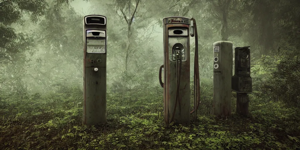 Prompt: old abandoned gas pump somewhere in the rainforest. nature is taking over. mist. cinematic. octane render.