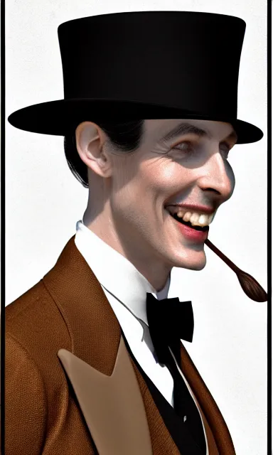 Prompt: ultra realistic photorealistic sepia portrait of a 1 9 2 0 s era smiling, magician, a tall, thin man, well dressed, slicked - back black hair, long - tailed tuxedo coat, black bow tie, walking stick and top hat, trending on artstation, illustration, digital painting, highly detailed render