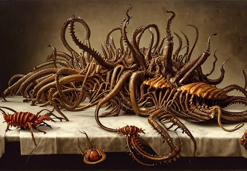 Prompt: an opulent banquet of food on a table covered with hissing cockroaches and spiky hermit crabs and big shiny earthworms. purple giger ’ s xenomorph. the thing. the blob. reclaimed lumber, detailed and intricate environment, hyperrealism, food photography, rembrandt