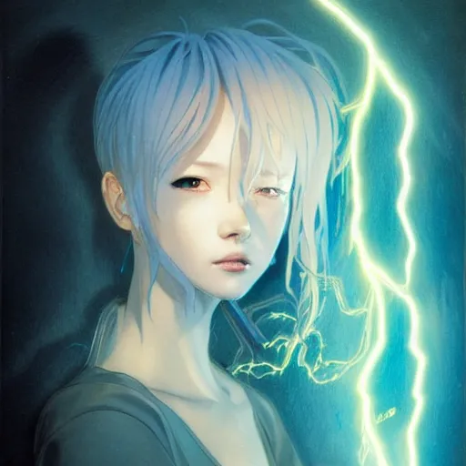 Image similar to prompt : lightning portrait soft light painted by james jean and katsuhiro otomo and erik jones, inspired by evangeleon anime, smooth face feature, intricate oil painting, high detail illustration, sharp high detail, manga and anime 1 9 9 9