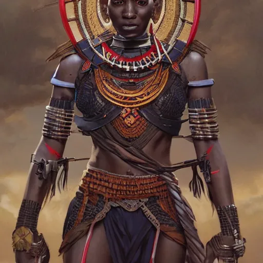 Image similar to a maasai warrior with wakandan style armor, ultra realistic, concept art, intricate details, eerie, horror, highly detailed, photorealistic, octane render, 8 k, unreal engine. art by artgerm and greg rutkowski and alphonse mucha