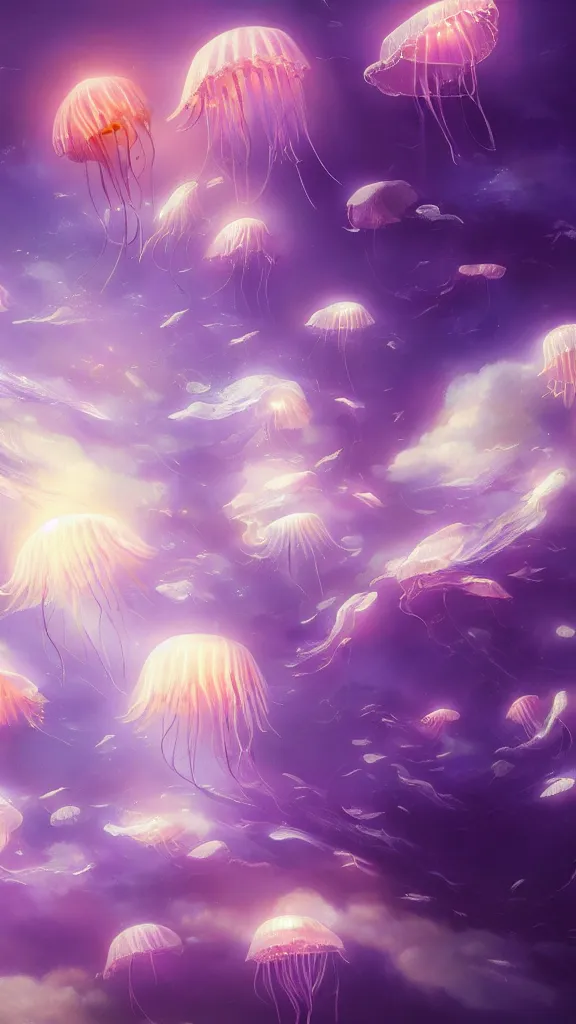 Prompt: A ultradetailed beautiful panting of a beautiful group of purple jellyfish flying peacefully in a heavenly sky, peaceful, relaxing, oil panting, high resolution 4K, by Ilya Kuvshinov, Greg Rutkowski and Makoto Shinkai