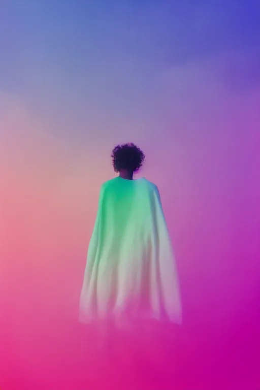 Prompt: high quality pastel coloured film photograph of a model wearing clothing resting on cloud furniture in a nordic black rock environment in a haze filled dreamstate world. three point light, rainbow. photographic production. art directed. pastel colours. volumetric clouds. pastel gradient overlay. waves glitch artefacts. 8 k. filmic.