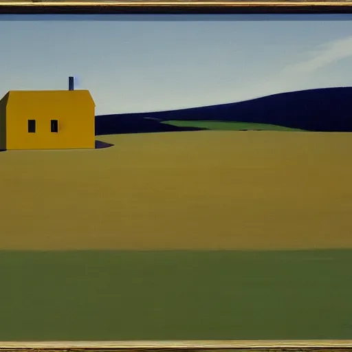 Image similar to dreaming futuristic rural landscape with modern houses, painted by Alex Katz and Edward Hopper, airbrush, highly detailed