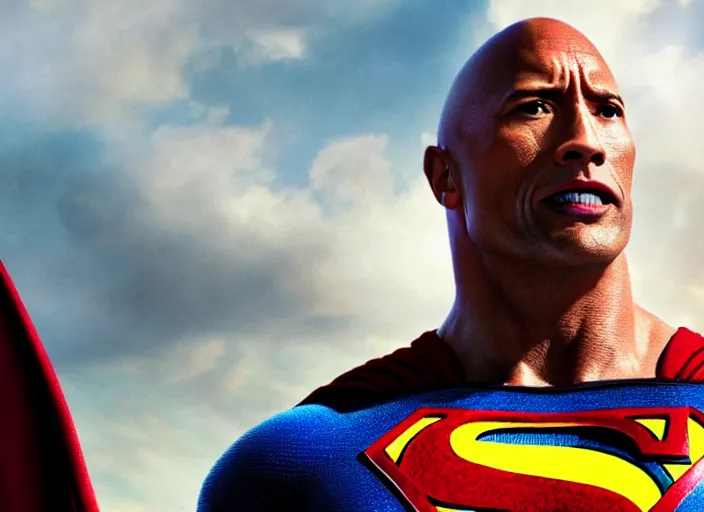 Image similar to film still of dwayne the rock johnson as superman in the new superman movie, 4 k, highly detailed face, detailed eyes