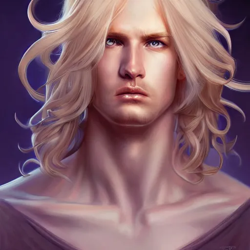 Image similar to digital art of a pale menacing male Cyborg Angel of Battle with long blond curls of hair and piercing eyes, central composition, he commands the fiery power of resonance and wrath, very very long blond curly hair with bangs!!!, Center parted bangs, fringe, baroque curls, by Ross Tran Rossdraws and WLOP, Artstation, CGsociety