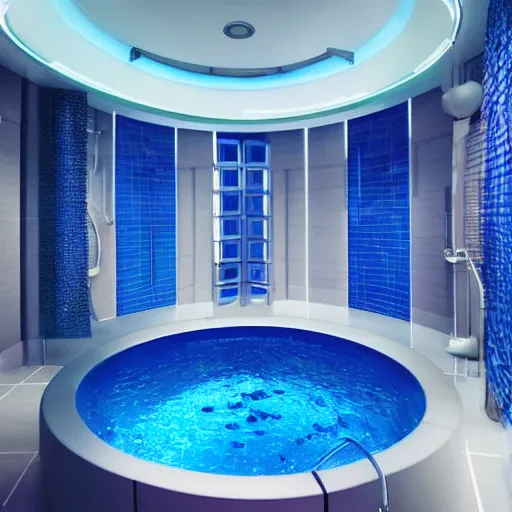 Image similar to Big futuristic blue bathroom inside a spaceship startrek interior style. With a swimming pool.