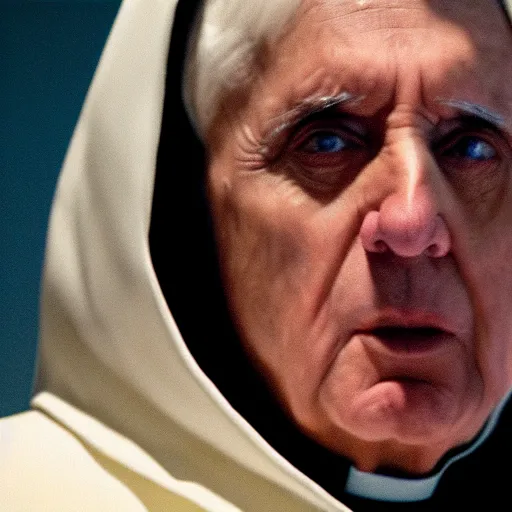 Image similar to pope benedict wearing sith cloak as chancelor palpatine in star wars episode 3, 8 k resolution, cinematic lighting, anatomically correct