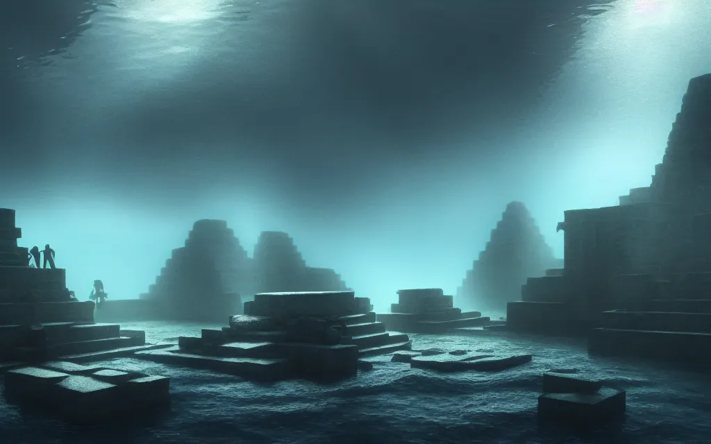 Prompt: wide shot, submerged pre - incan temple, dark, grenada underwater sculpture park, bubbles, abyss, stylized, anime style mixed with fujifilm, detailed gouache paintings, crepuscular rays, dark, murky, foggy, atmospheric, artstation, cgsociety, octane render, cgi, unreal engine 5, denoise, cinematic masterpiece