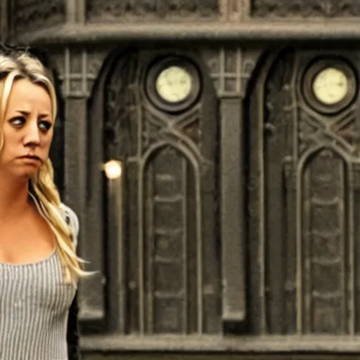 Image similar to A film still of Kaley Cuoco under the Eastgate clock in Chester. Behind her we see a black panther,70mm