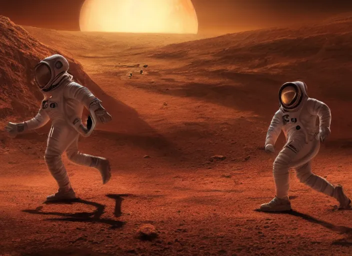 Image similar to ! dream ultra realistic illustration, a soviet astronaut playing soccer on mars, mars landscape, elegant, highly detailed, artstation, concept art, smooth, sharp focus, moody, dramatic lighting