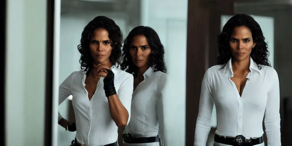 Image similar to ultra wide angle photo of halle berry dressed in a white blouse and black dress pants as diana prince looking at herself in a bathroom mirror and seeing her reflection as wonder woman