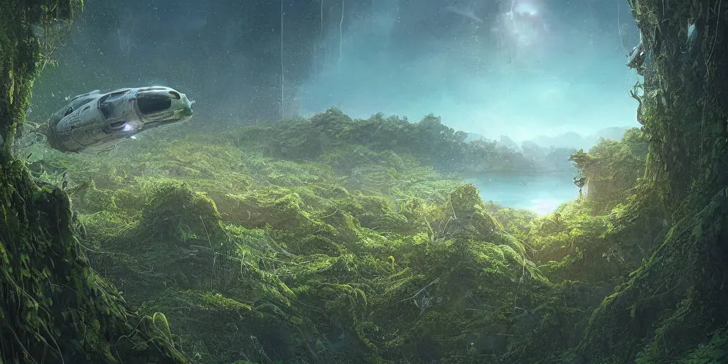 a-crashed-abandoned-spaceship-overgrown-with-vines-stable-diffusion