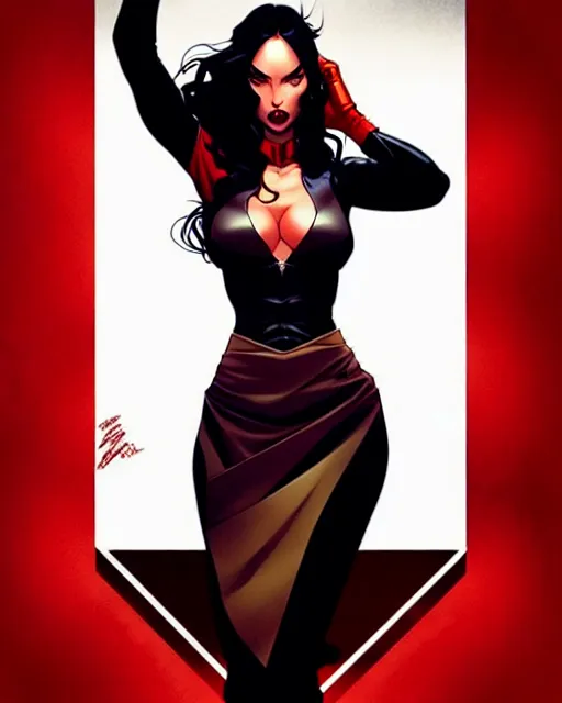 Image similar to artgerm, joshua middleton comic cover art, full body pretty megan fox holding a shotgun, red dress, symmetrical eyes, symmetrical face, long curly black hair, dark city background, cinematic lighting