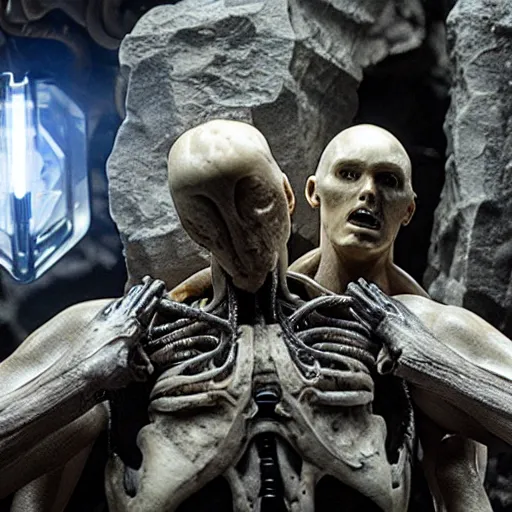 Image similar to prometheus movie still frame by giger, marble bismuth and alabaster cyclop ironman