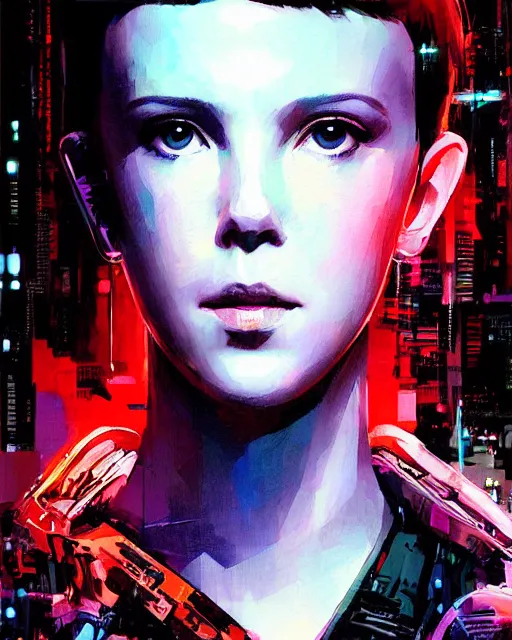 Image similar to professional portrait of cyberpunk millie bobby brown by yoji shinkawa