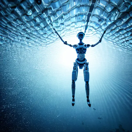 Image similar to beautiful centered fine art photo portrait of hoyeon jung as a solarpunk robotic humanoid treading above water, white mechanical parts with led lights, ultra - detailed and intricate, white background, sun lighting, soft focus, slow exposure hdr 8 k