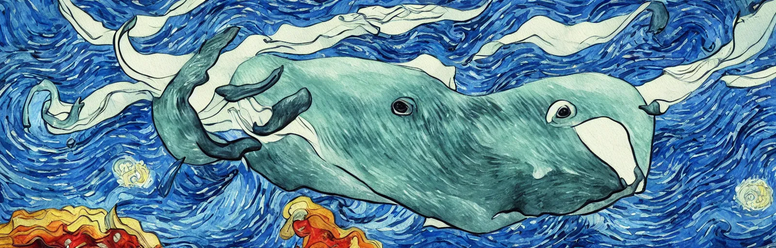 Image similar to anatomically correct whale, aesthetically pleasing composition, watercolor painting by hayao miyazaki and vincent van gogh, masterful, sharp focus, rich texture, rich vivid color, dynamic, energetic, lively, perspective, elegant design, high detail, hdr.