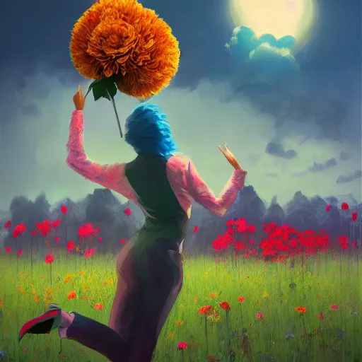 Image similar to portrait, giant rose flower head, girl dancing in a suit, surreal photography, sunrise, blue sky, dramatic light, impressionist painting, digital painting, artstation, simon stalenhag