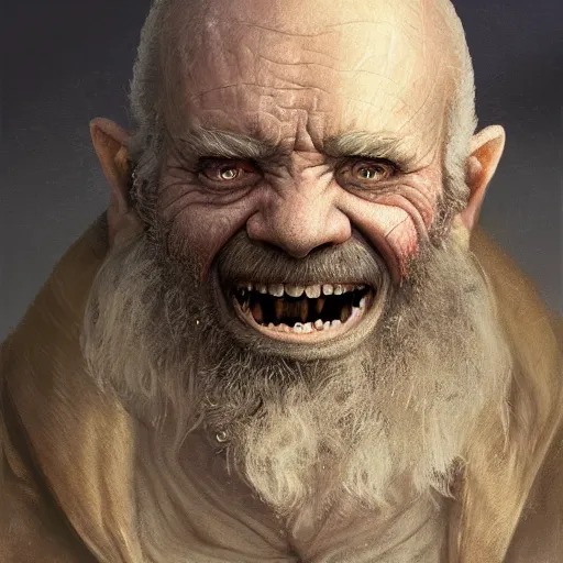 Prompt: a detailed matte head - on portrait painting of a sweet ugly old hobbit man, with a large scar and missing teeth portrait by charlie bowater, lise deharme, wlop, tending on arstation, dungeons and dragon, dnd, pathfinder, fanart, oil on canvas