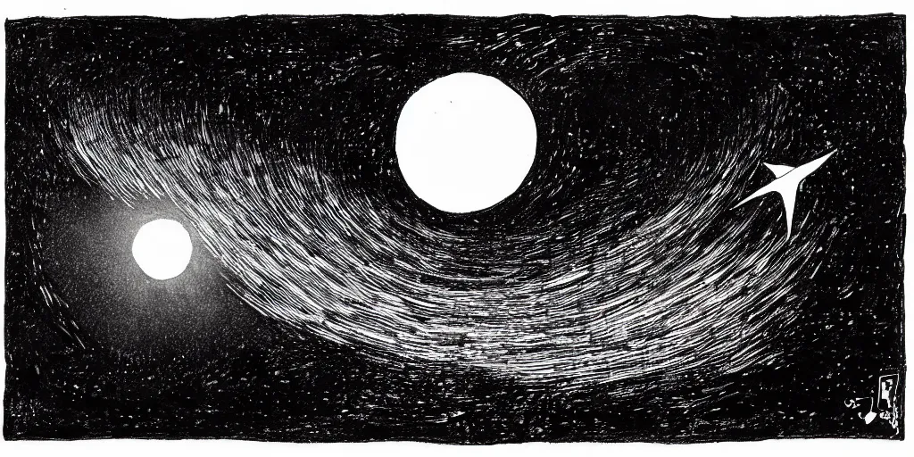 Image similar to ink lineart drawing of a shooting star towards a planet, comet, wide angle, seen from space, artstation, etchings by goya, chinese brush pen, illustration, high contrast, deep black tones contour